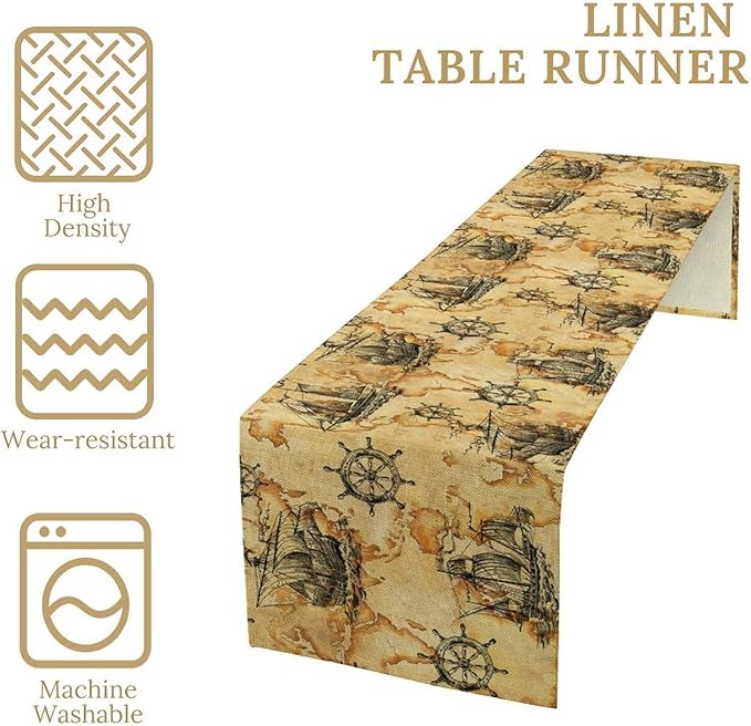 Nautical Table Runner Vintage Map Boat Art Printed Runner for Home Kitchen Dining Table Living Room Decor Fabric 1 Panel W13xL60in