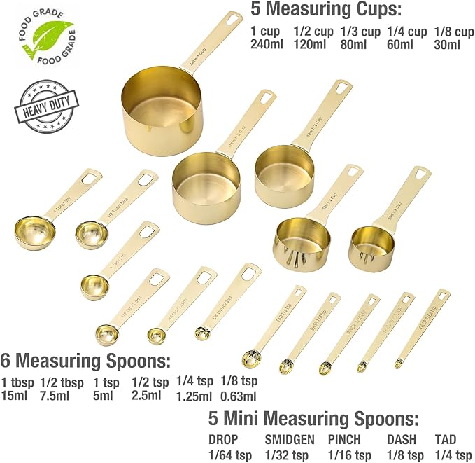 Gold Measuring Cups & Spoons Set of 16, Heavy Duty Stainless Steel Measuring Cups Measuring Spoons for Measuring Dry Liquid Ingredients for Baking Cooking, Gold Kitchen Accessories Gift