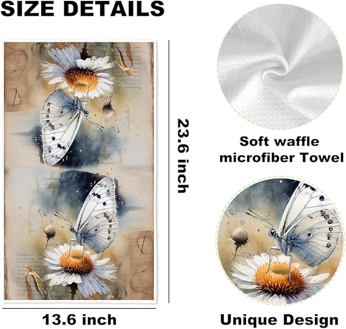 ZHAMEN 3 Pcs Vintage Daisy Kitchen Towels, White Butterfly Decorative Absorbent Microfiber Dish Cloth Tea Towel, Watercolor Waffle Soft Hand Towels for Farmhouse Home Bathroom, Housewarming Gifts