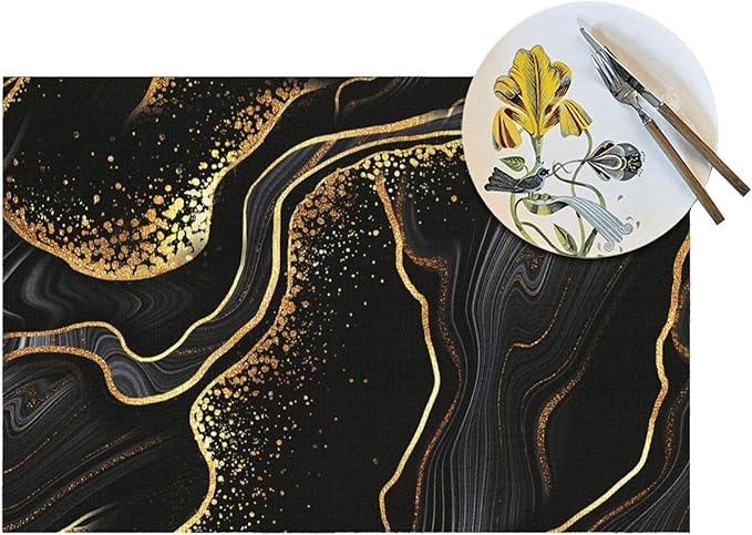 Black Gold Marble Texture Placemats Set of 4, Black Table Mats, Heat Resistant Washable Linen Place Mats for Kitchen Dining Table Farmhouse 12"x18", Black Gold Kitchen Decor