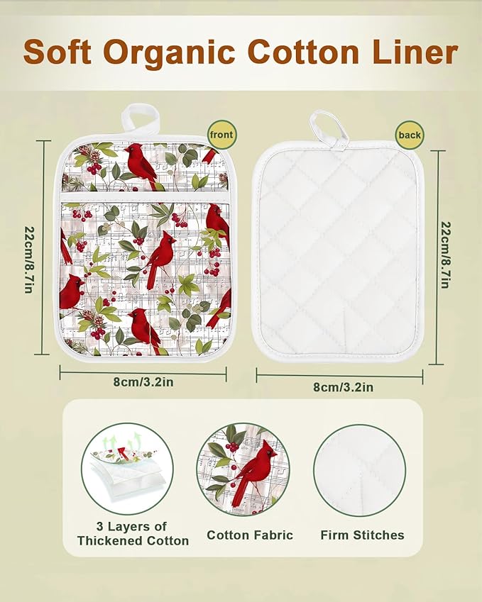 Swooflia 100% Cotton Pot Holders 2 Pack Set for Kitchen with Pockets - Cute 440°F Heat Resistant Oven Hot Pads Heavy Duty for Countertop Home Cooking Baking Microwave BBQ Bird