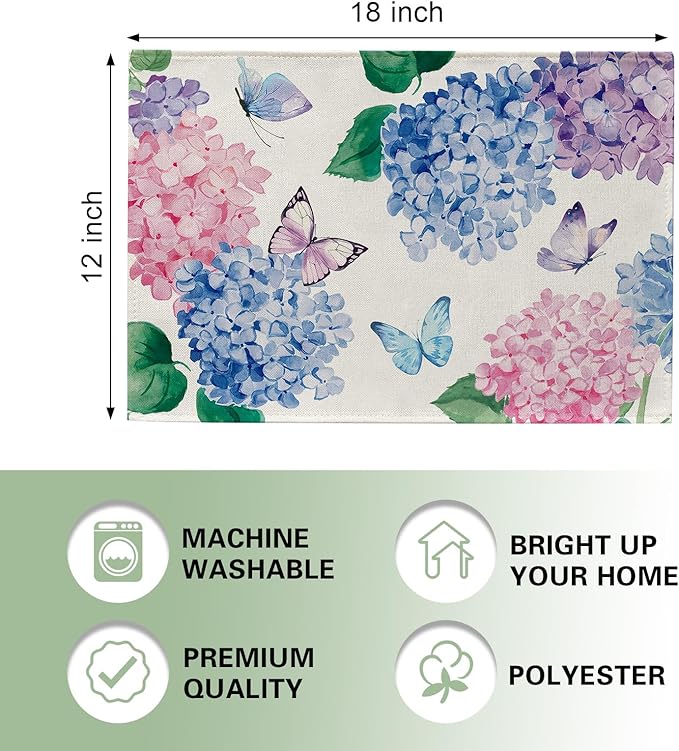 Spring Summer Hydrangea Placemats Set of 4, Pink Blue Purple Flower Butterfly Dining Place Mats Table Decor, Seasonal Floral Home Kitchen Decoration 12 x 18 Inch