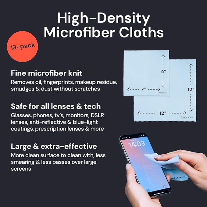 Elite Screens 13-Pack Oversized Microfiber Cleaning Cloth Set - 12-pc 6" x 7" & 1-pc 12" x 12" - Blue Smudge-Free Lens Cleaning Cloths for Eyeglasses - Reusable Microfiber Glasses Wipes