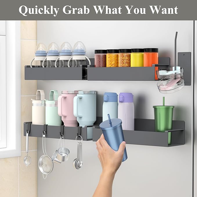 HuggieGems Magnetic Water Bottle Holder for Refrigerator, Cup Holder Organizer for Stanley and Tumbler for Kitchen, 4 Pack, Dark Gray
