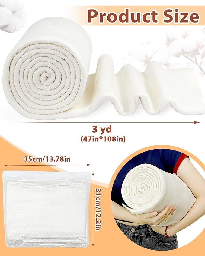FIVEIZERO 100% Natural Cotton Quilt Batting–47Inchesx3Yards Large Lightweight Batting Fabric,Quilting Batting by The Yard for Sewing,Crafts,Potholders,Backing,Wadding,Twin & King Size Quilt Projects