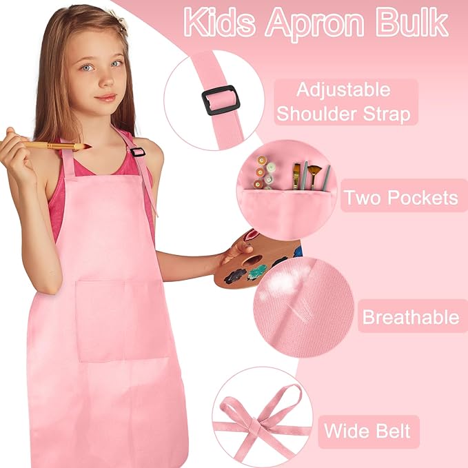 12 Pack Kids Apron Bulk with 2 Pockets Adjustable Chef Art Apron Kids Painting Aprons for Cooking Baking Painting Crafting Grilling Activity（Pink）