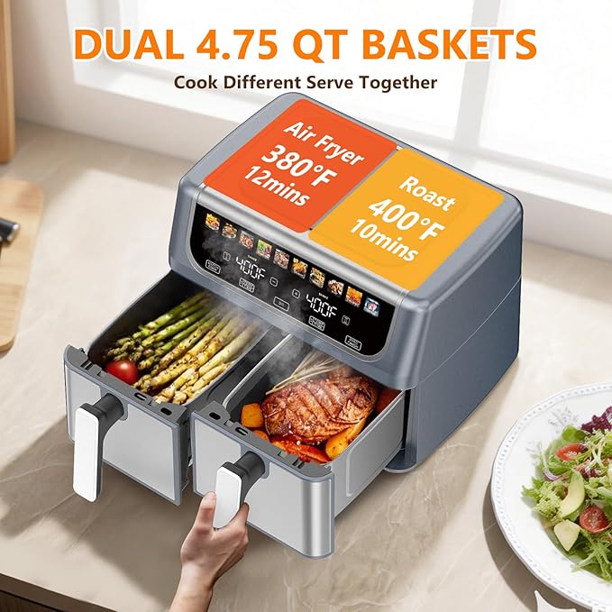 OLIXIS Dual Basket Air Fryer, 9.5 Quart Large Air Fryer with Double Basket, Independent TEMP Control, Sync Setting, Shake Reminder, 10 Presets for Bake, Broil, Defrost, Dehydrate, Grey