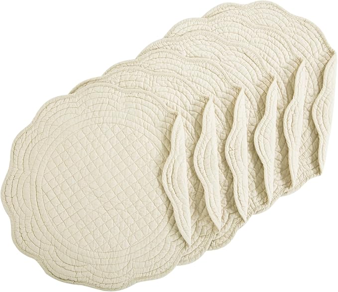 HOMBYS Quilted Placemats Set of 6 Washable Round Placemats for Kitchen Table-100% Cotton Fabric 14 Inch Round Table Mats, Cotton Fabric with Microfiber Filling, (14"x14", Flax)