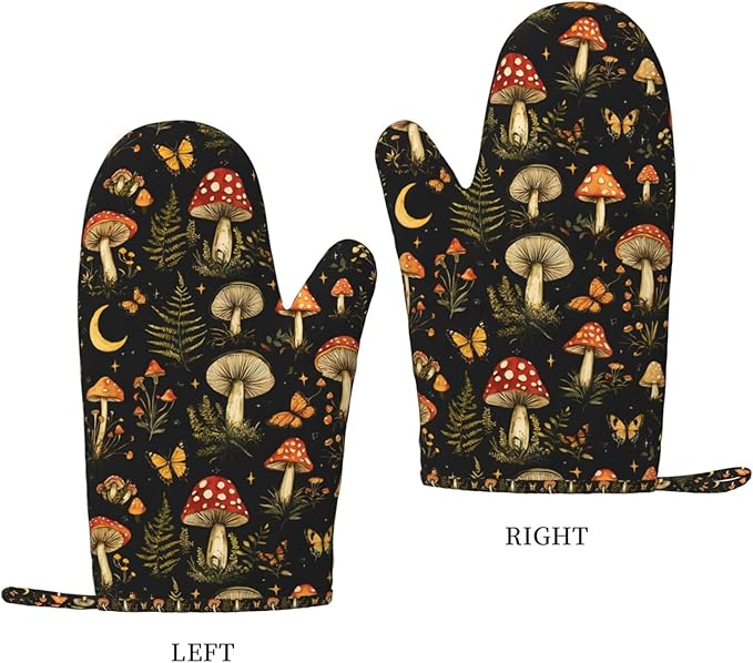 Forest Mushroom Silicone Oven Mitts Set of 2, Heat Resistant up to 500°F, Kitchen Oven Gloves with Non-Slip Grip and Soft Cotton Lining for Baking, Cooking and BBQ