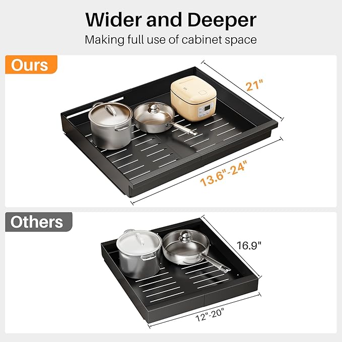 Pull out Cabinet Organizer, 2-Pack Expandable(13.6"-24") Silde out Drawers with Raising Pad for Framed Cabinets, Adjustable Full-Extension Adhesive Roll out Shelves for Kitchen Pantry Home Pot and Pan