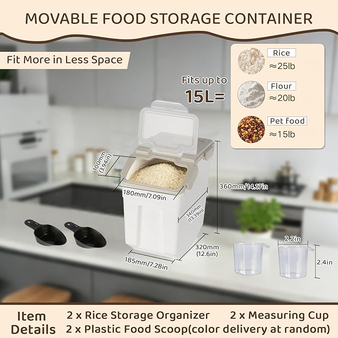 Saim Flour Storage Containers 25lb, 2Pack Airtight Rice Storage Containers with Wheels, Rice Dispenser with Measuring Cup,Scoop for Flour, Grain, Cereal, Pet Food Organizer - Grey