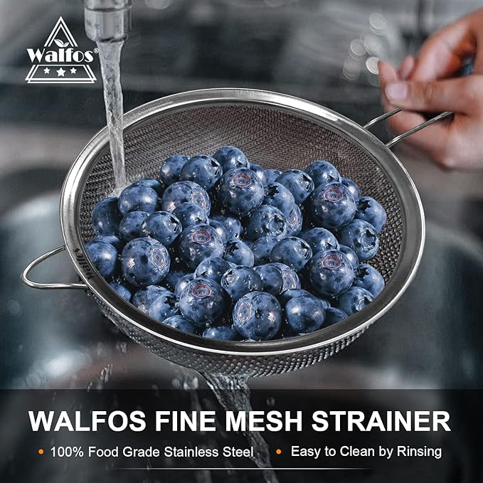 Walfos 7.8 Inch Fine Mesh Strainer, Premium Stainless Steel Colanders and Sifters, with Reinforced Frame and Sturdy Handle, Perfect for Sift, Strain, Drain and Rinse Vegetables, Pastas and Tea