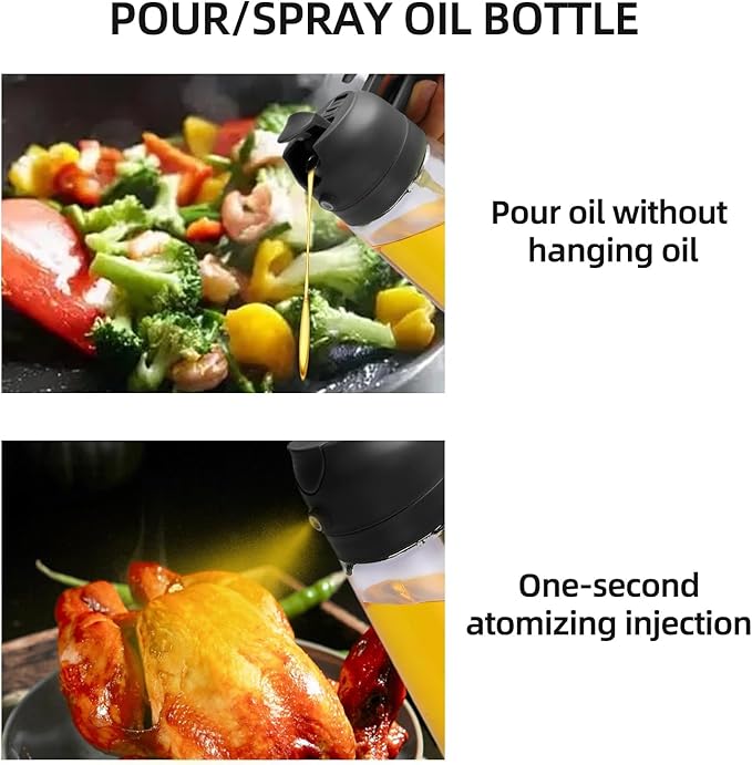 Aovdy Oil Sprayer for Cooking 16oz,2 in 1 Olive Oil Dispenser and Oil Sprayer - 470ml Olive Bottle Spray and Pour - Glass Oil Dispenser for Kitchen Cooking Salad BBQ (2PCS-Black)