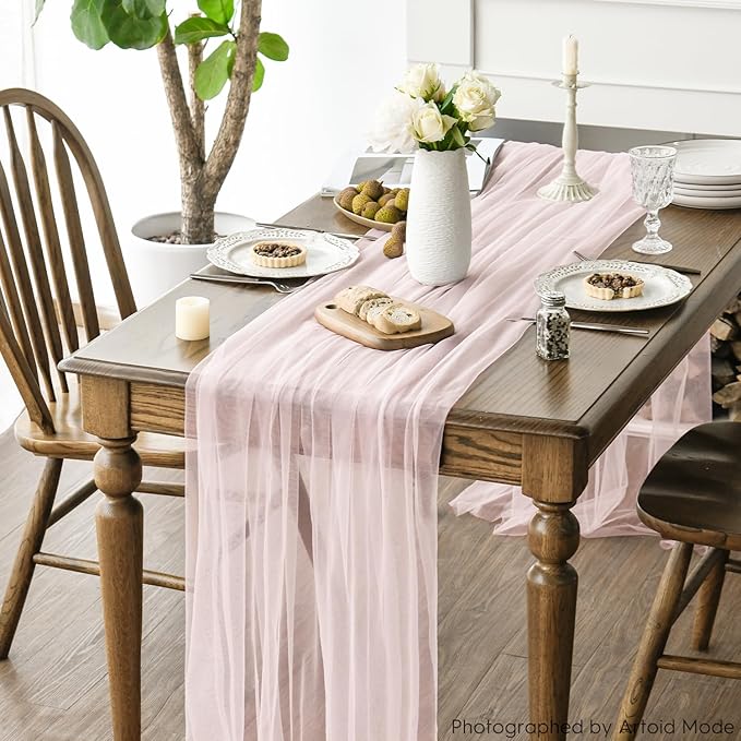 Artoid Mode 3PCS Blushing Pink Gauze Table Runner 120 Inch 10FT, Seasonal Sheer Kitchen Dining Holiday Wedding Birthday Baby Shower Table Decor for Home Party