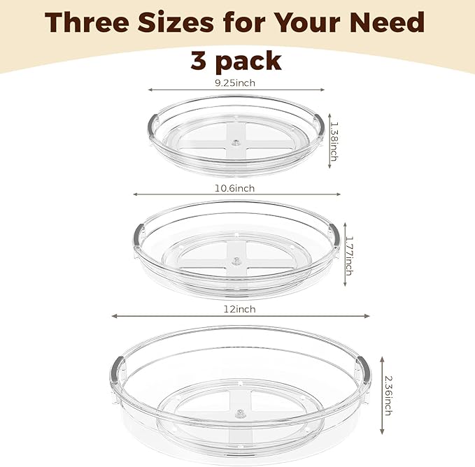 3 Pack Clear Lazy Susan Turntable Organizer for Cabinet, Table Top, Refrigerator, Kitchen Pantry Organizers and Storage, Spice Organizer, 12'', 10.6'', 9.25''