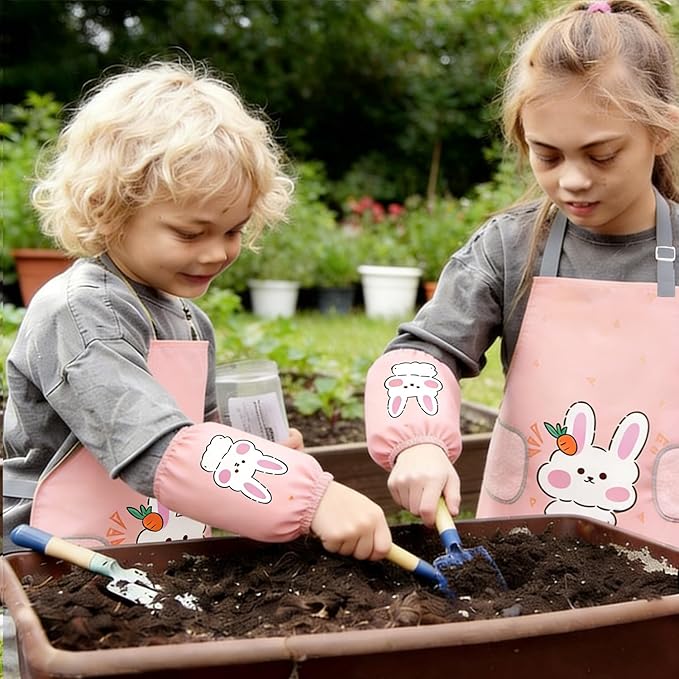 2-Piece Kids' Apron and Chef Hat Set, Adjustable with Pockets, for Children's Cooking, Baking, and Painting, Pink Floral Design for Boys and Girls Ages 3-6
