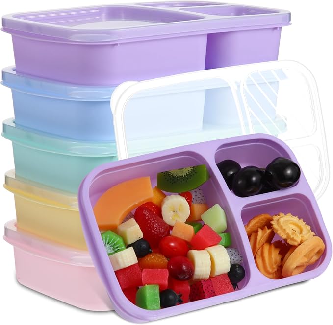 Honeydak 5 Pack Snack Containers 3 Compartment Bento Snack Boxes Divided Meal Prep Containers with Lids Reusable Adults Lunch Food Storage Box for School Work Travel(Ice Cream Color)