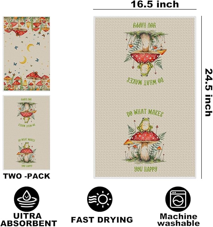 2 Pcs Mushroom Kitchen Towels, Butterfly Soft Absorbent Tea Hand Towel, Microfiber Dish Cloths for Drying Dishes, Waffle Dish Towels for Kitchen Bathroom Home Decor, Frog Gifts for Women Mom