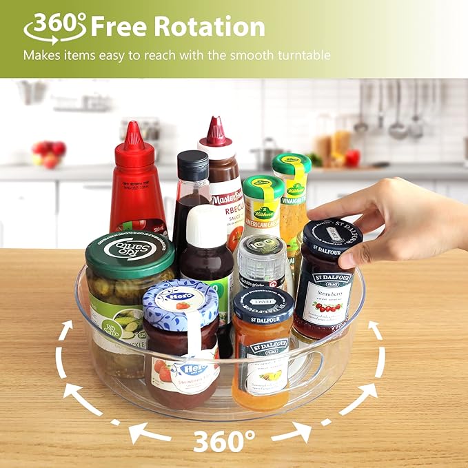 GUZON 2 Pack Lazy Susan Organizer for Cabinet, Upgraded 11.5" Clear Lazy Susan Turntable with Handles and Raised Edge, Rotating Spice Storage for Kitchen, Pantry, Refrigerator, Bathroom, Table