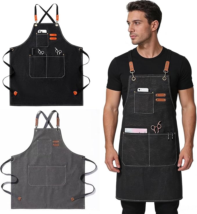 Kitchen apron 16oz canvas with cross-back, waterproof and oil-proof, heavy-duty gardening apron with multiple pockets