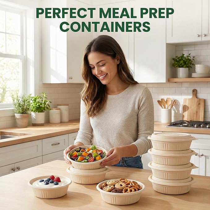 100 Piece (50 Pack) Meal Prep Bowl Containers with Lids, Cornstarch Round Food Containers for Lunch Salad Deli Soup, BPA Free Plant-based Take Out Containers Microwave & Freezer Safe, 16 oz