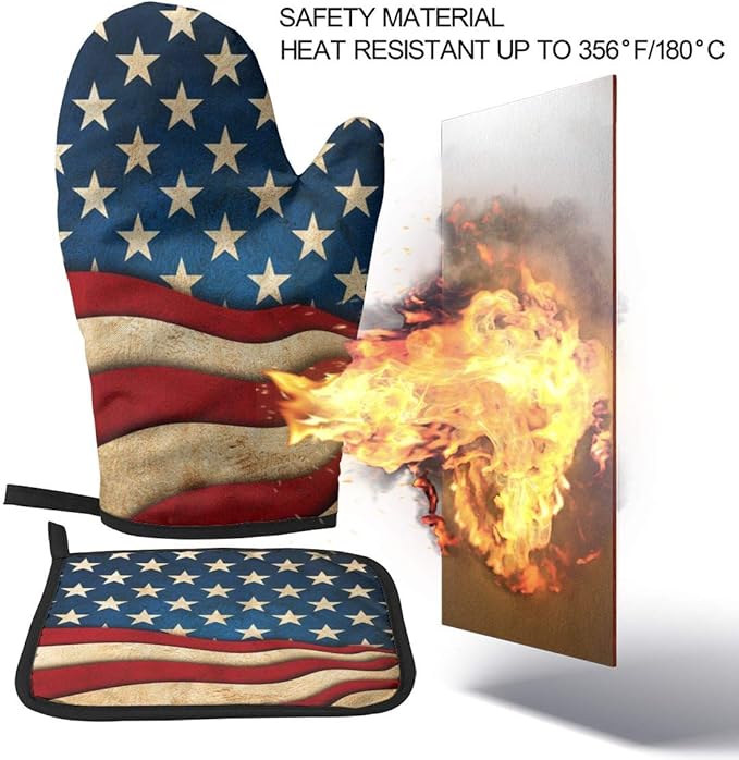 Retro American Flag Oven Mitts and Pot Holders Sets Heat Resistant Kitchen Oven Gloves Non-Slip for Safe BBQ Cooking Baking Grilling Set of 2