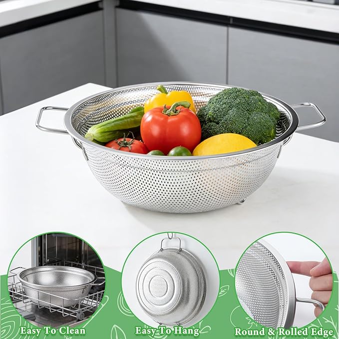 Colander Set of 3, Stainless Steel Micro-Perforated Colanders Strainers for Draining Rinsing Washing, Ideal for Pasta Vegetables Fruits, Heavy Duty & Dishwasher Safe