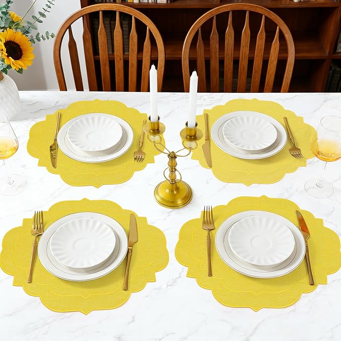 Cotton Linen Oval Placemats Set of 4, HADEEONG Table Mats Cloth Placemats, Washable Wrinkle Resistance, Scalloped & Embroidered Fabric Placemats, 17.71 x 13.77inch (Yellow, 4)