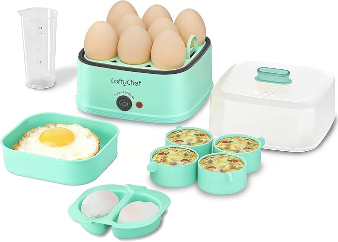 8-in-1 Electric Egg Cooker for Soft, Medium, Hard boiled eggs, Auto Shut-Off Compact Egg Bite Maker, Dishwasher Safe Rapid Egg Steamer for Poached & Scrambled Eggs, Omelets, Blue
