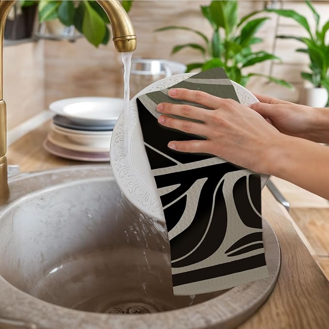 Abstract Boho Sage Green Floral Kitchen Towels, Retro Groovy 70s Boho Dish Towels for Kitchen, Mid Century Modern Green & Black Decorative Hand Towels for Bathroom, 16x24 Inch Set of 2