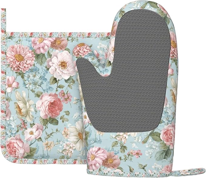 Oven Mitts and Pot Holders Flower Vintage Peony Floral Silicone Kitchen Accessories Set of 2 Heat Resistant Long Gloves Potholder Non-Slip Grip for Chef Cooking,Baking,Grilling,BBQ
