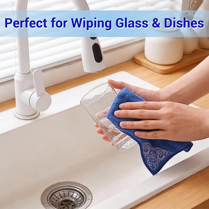 YUA Microfiber Cleaning Cloth 12 Pack,Microfiber Towels Cleaning,Microfiber Towels for Cars,Absorbent Dish Washing Cloth,Reusable Cleaning Cloths Lint Free (Blue Corner Flower)