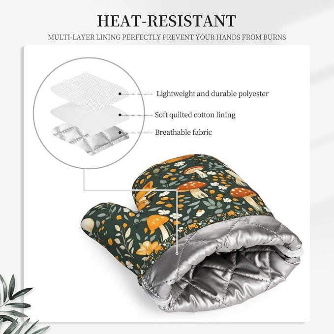 Fox Silicone Oven Mitts Set of 2, Heat Resistant up to 500°F, Kitchen Oven Gloves with Non-Slip Grip and Soft Cotton Lining for Baking, Cooking and BBQ