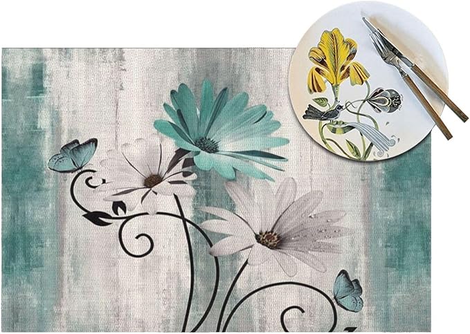 Floral Place mats Set of 6, 12x18 Inches Summer Teal Blue Daisy Flower Decorative Rectangle Table Mats for Party Home Kitchen Dining Table Decoration