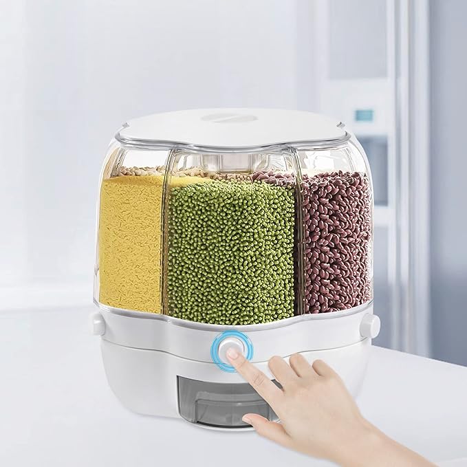 360° Rotating Grain Dispenser With 6 Grids, 13.2lbs Large Capacity Grain Dispenser Rotating Kitchen Storage Containers With Sealed Lid For Peanut Barley Millet And Cereal (White, 17.6 lbs)