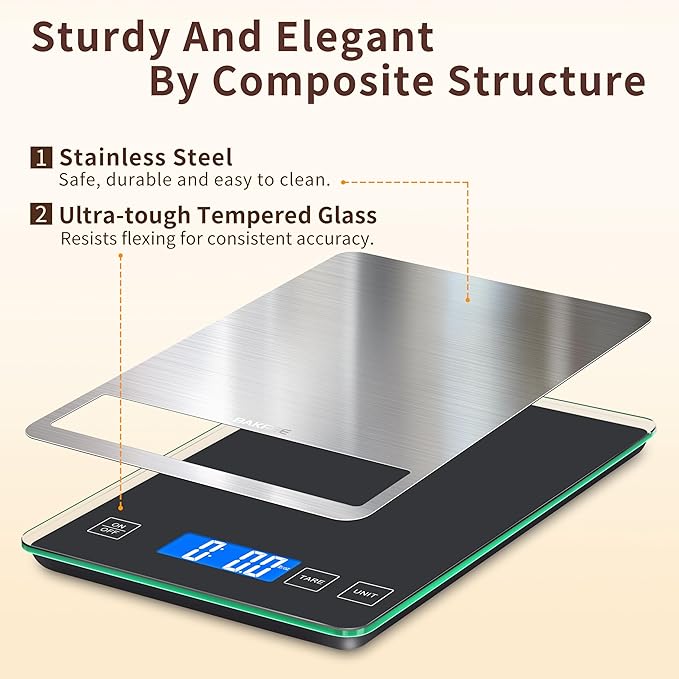 Food Scale, 15kg/33lb Digital Kitchen Scale with Stainless Steel & Tempered Glass, 1g/0.05oz Precise Weighing, Splash-Resistant and Sturdy Surface, for Cooking, Baking, Weight Loss, Meal Prep