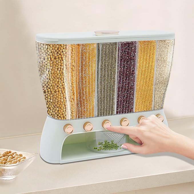 6 Grids Grain Dispenser Can, Cereal Rice & Grain Storage Container Multigrain Tank Rice Dispenser Dry Food Grain Dispenser with Measuring Cup for Grains Rice Dry Food Beans (22.05Lbs Light Green)