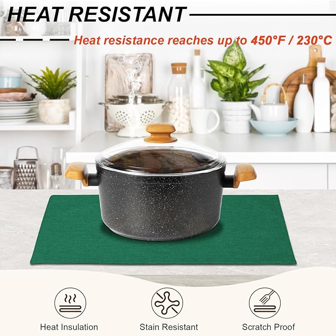Cloth Placemats Set of 6, Cotton Linen Blend Machine Washable Double Layered Place Mats, Heat Resistant Placemats Wrinkle Free Thick Fabric Dining Table Mats for Indoors & Outdoors (Green, 6)