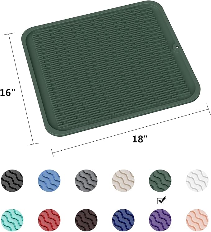 ZLR Large Silicone Dish Drying Mat (16" x 18") - XL Heavy Duty Drainboard Mat for Pots, Pans & Family Loads - Heat Resistant Trivet & Counter Protector, Easy Clean (Dark Green)