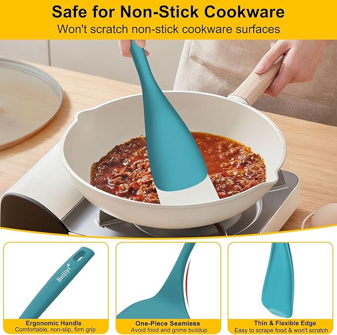 Beijiyi Silicone Spatula Set of 4, 600°F Heat Resistant, BPA Free Kitchen Spatula and Spoons for Nonstick Cookware, Solid & Slotted Turner Cooking Utensils for Serving, Flipping Egg, Pancakes (Blue)