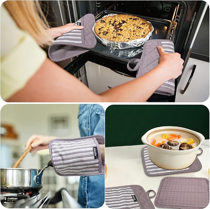 Alselo Silicone Pot Holders Set of 3 Heat Resistant & Non Slip Potholders, Professional Oven Hot Pads with Pockets Mitts for Kitchen Cooking Baking Barbecue (3, Purple)