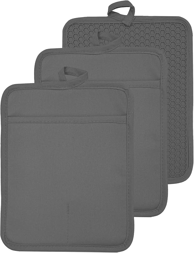 Oven Pot Holder with Pocket Cotton Heat Resistant Coaster Potholder Kitchen Hot Pad Oven Mitts for Cooking and Baking Square 7"x9" (Grey, Silicone)