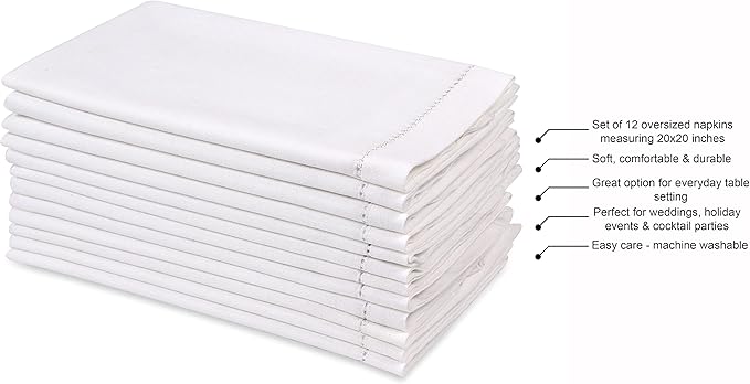 Hausattire Cloth Napkins 12 Pack 20x20 Inches Flax Cotton Washable and Reusable Table Dinner Napkins for Hotel, Restaurant, Weddings,Parties| Absorbent Cloth Napkins Easter Basket Decor|White