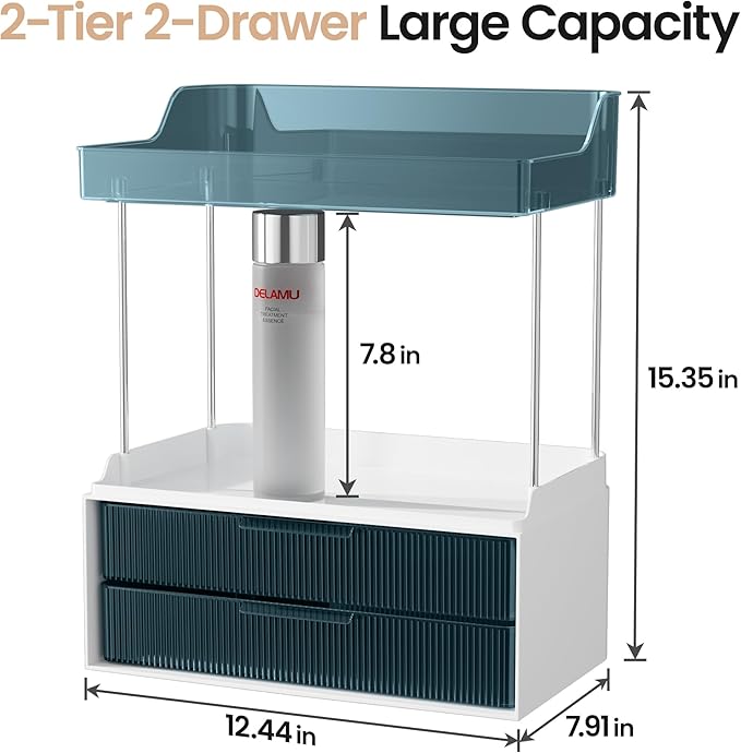 Delamu Bathroom Organizers and Storage, 2 Tier 2 Drawer Makeup Organizer Countertop, Easy to Install, Ideal for Bathroom Counter, Vanity, Ideal for Women Girls, Blue