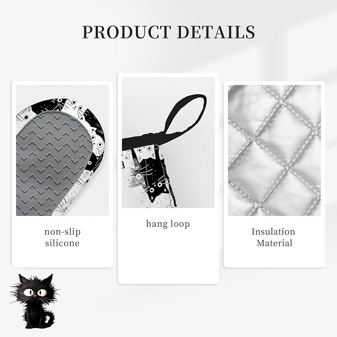Black Cat Oven Mitts and Pot Holders Sets 3PCS, Cat Silicone Heat Resistant Oven Mitts Birthday Gifts for Cats Lover, Cute Cats Pot Holder Non-Slip Silicone Oven Gloves for Mom Wife Sister BFF