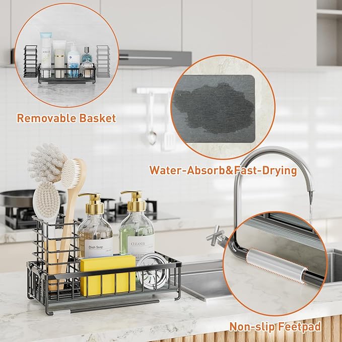 OVICAR Kitchen Sink Caddy Sponge Holder - Instant-Dry Sink Organizer with Brush Holder - Waterproof Soap Dispenser Non-Slip Countertop Organizer Storage for Kitchen Bathroom Black