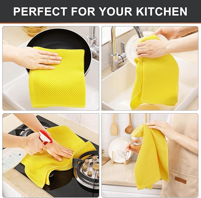 Kitinjoy 100% Cotton Waffle Weave Kitchen Hand Towels (13 x 28 Inches, Yellow), 4-Pack Super Soft and Absorbent Dish Towels for Drying Dishes