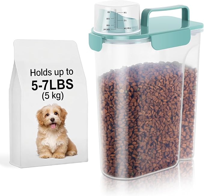 LEAWALK 5-7Lbs Dog Cat Food Storage Container with Upgraded Large Nozzle BPA-free, 4 Snap Seals Plastic Pet Food Storage Containers with Handles (Elegant Blue, 5L-1pack)