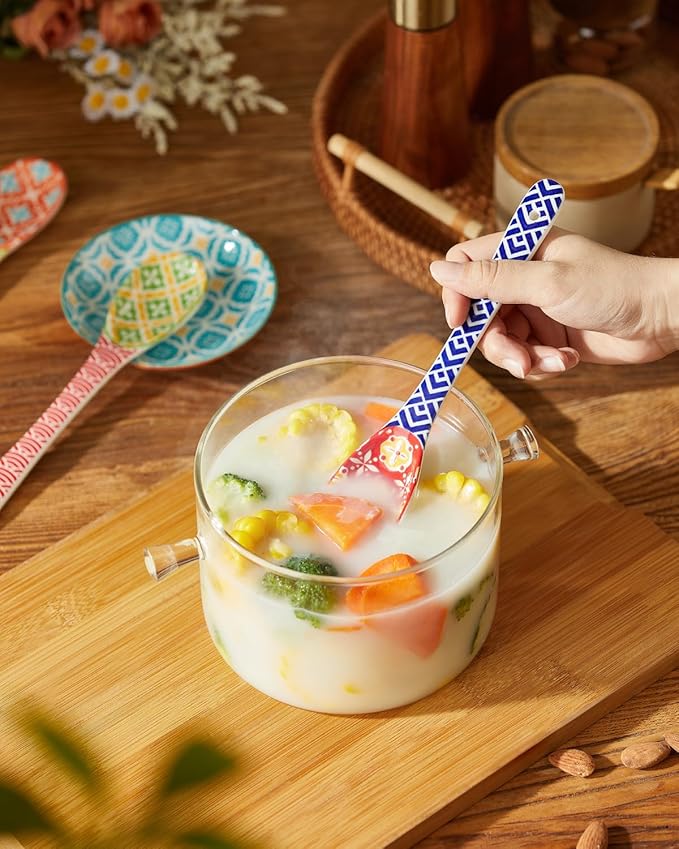 Metahom Long Handle Spoons, 8.5" Ceramic Serving Spoon for Cereal, Soups, Stews, Ice Cream, Colorful Decorative Spoons, Dishwasher & Microwave Safe, Assorted Colors, Set of 6