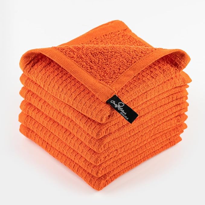 Dish Towels|Kitchen Dish Cloths Two-Sided Waffle Terry|12x12 Inches 100% Cotton Dish Rags Washing Dishes|Super Absorbent Reusable Quick Drying Dish Towels|Spring Easter Basket Decor| 6-Pc Set-Orange